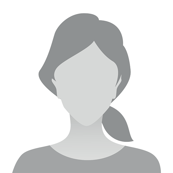 The image shows a stylized icon of a female profile with hair tied back, set against a white background.